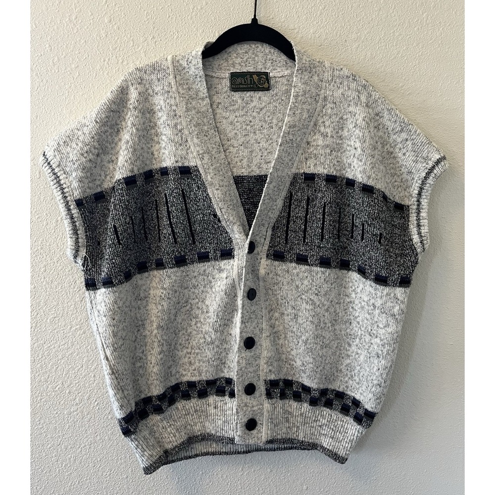 Vintage Arash Men's Sweater Vest Size L Gray Striped Buttons Grandpacore Flaw